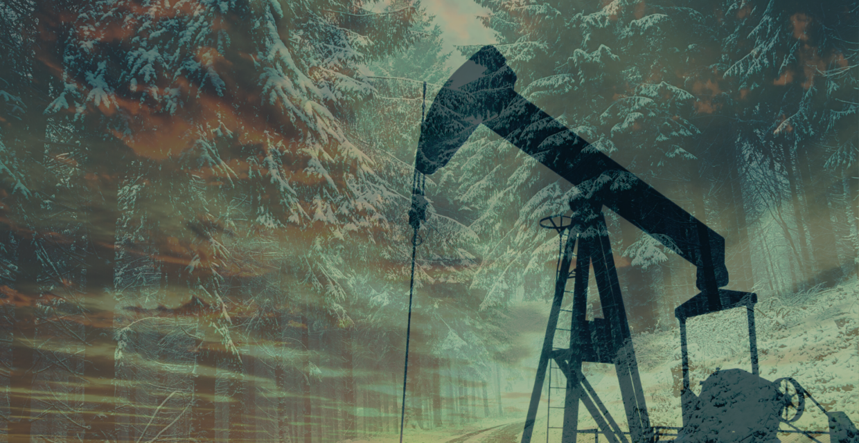 Double Exposure Image with oil rig and pine trees