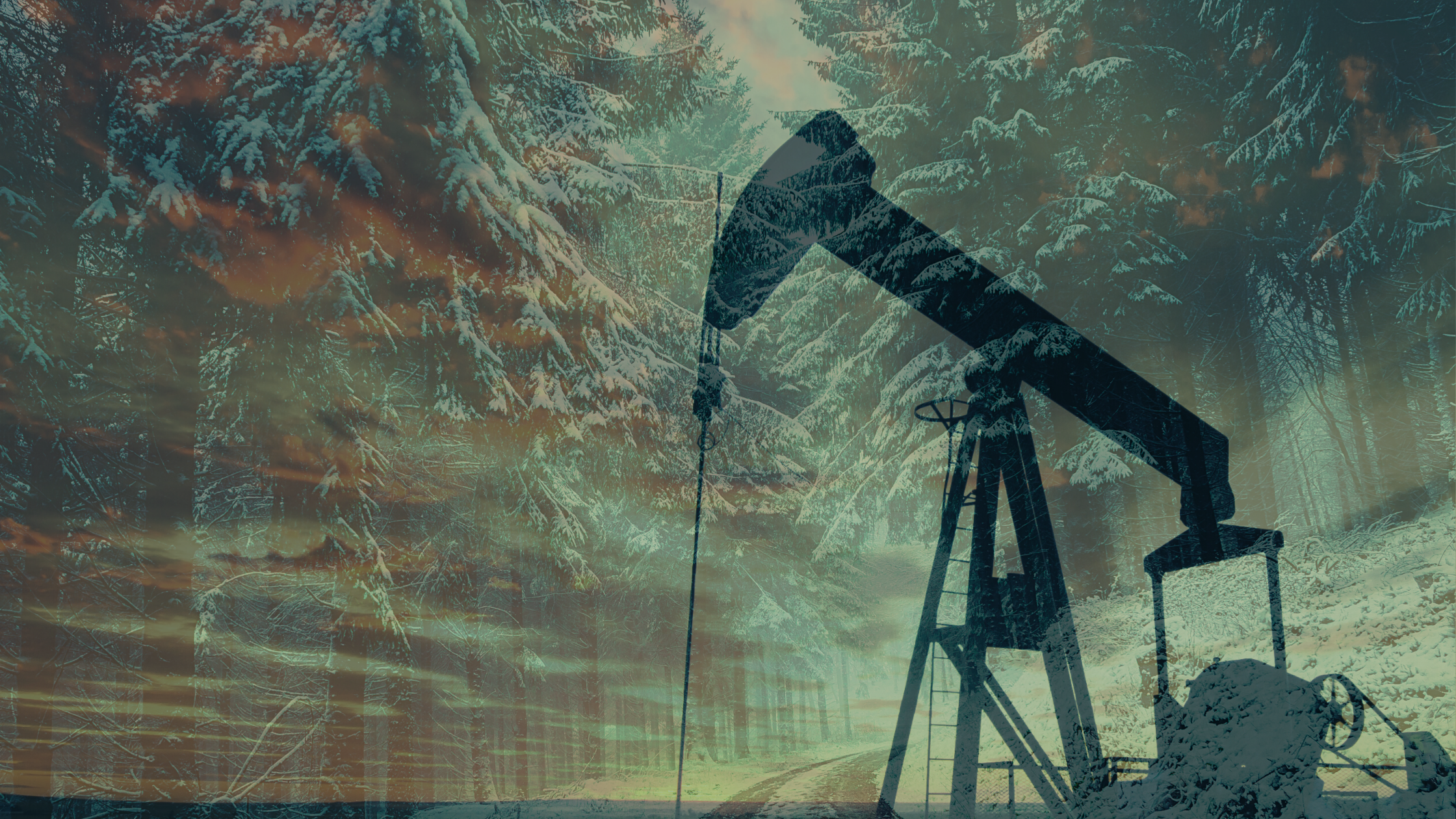 Double Exposure Image with oil rig and pine trees