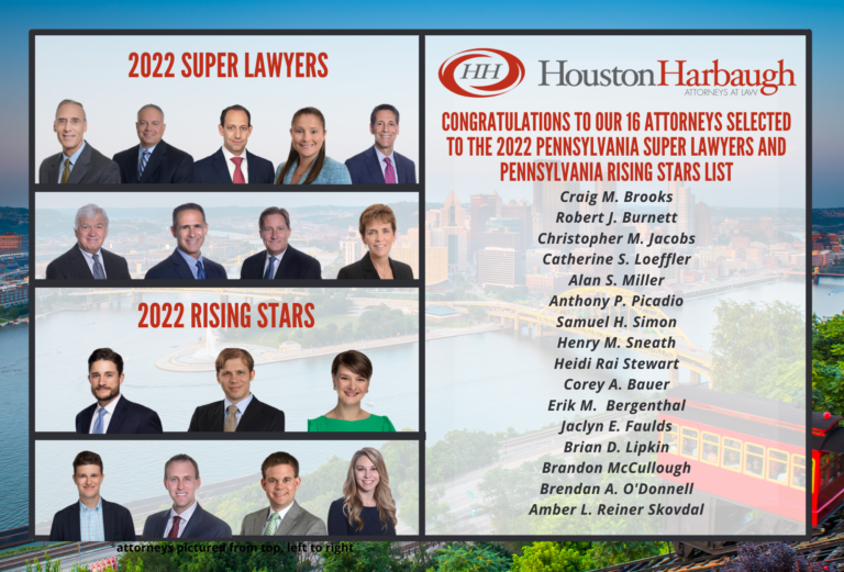 Image of 16 attorneys with pittsburgh skyline in the background.